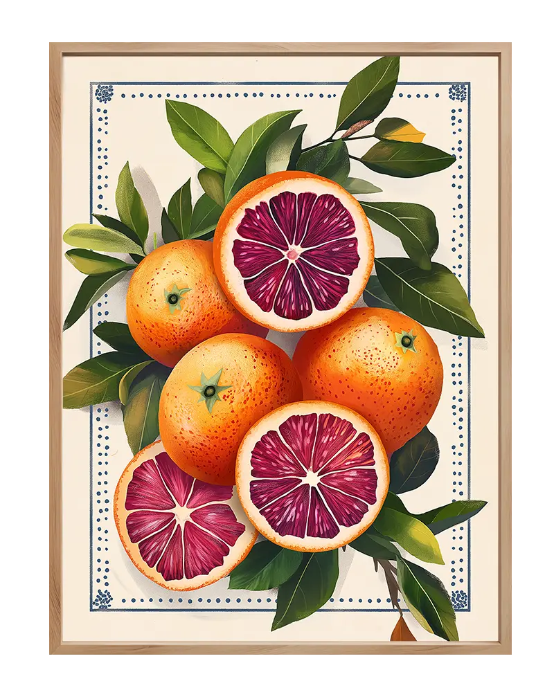 A beautifully detailed illustration of blood oranges surrounded by lush green leaves, set against a decorative background.