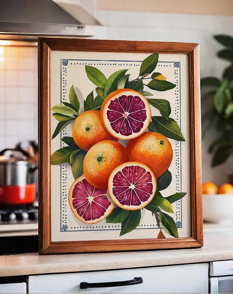 A beautifully detailed illustration of blood oranges surrounded by lush green leaves, set against a decorative background.