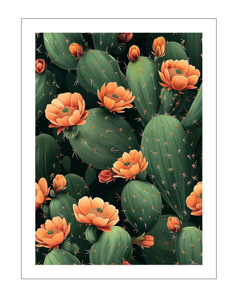 Vibrant illustration of blooming orange flowers on green cactus plants, ideal for nature-inspired or southwestern-themed decor