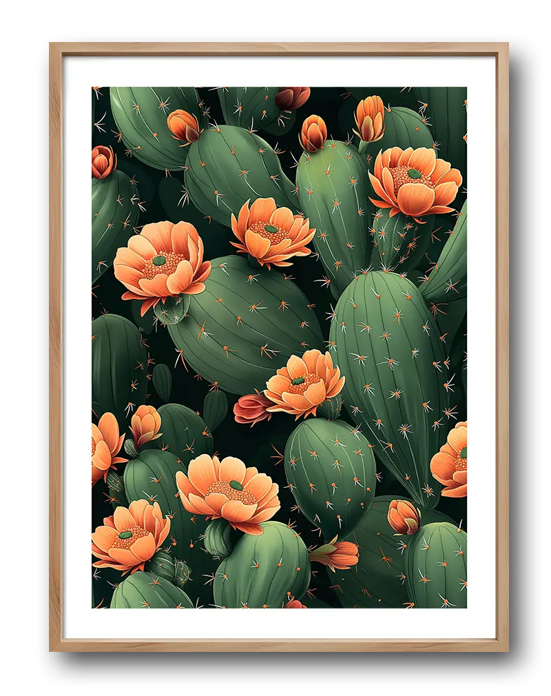 Vibrant illustration of blooming orange flowers on green cactus plants, ideal for nature-inspired or southwestern-themed decor