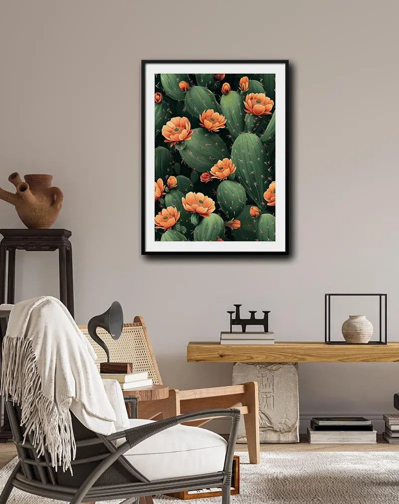 Vibrant illustration of blooming orange flowers on green cactus plants, ideal for nature-inspired or southwestern-themed decor