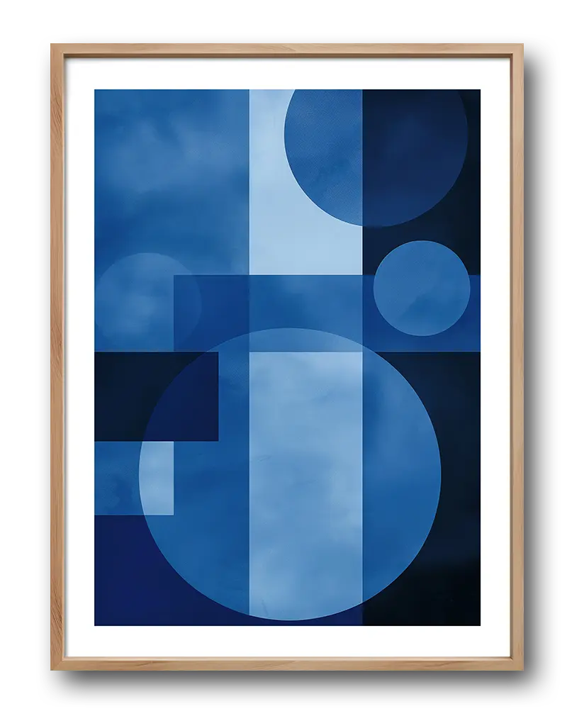 Abstract geometric art featuring overlapping circles and squares in varying shades of blue, ideal for modern and minimalist decor