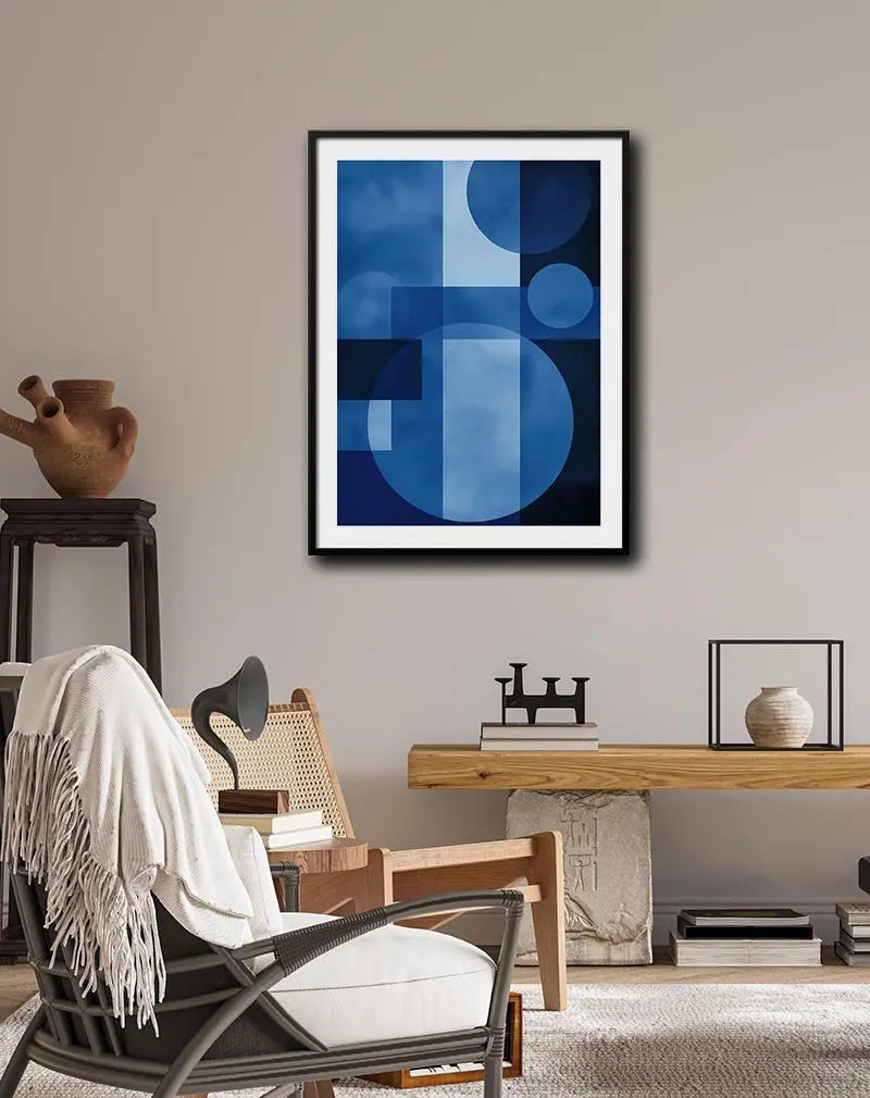 Abstract geometric art featuring overlapping circles and squares in varying shades of blue, ideal for modern and minimalist decor