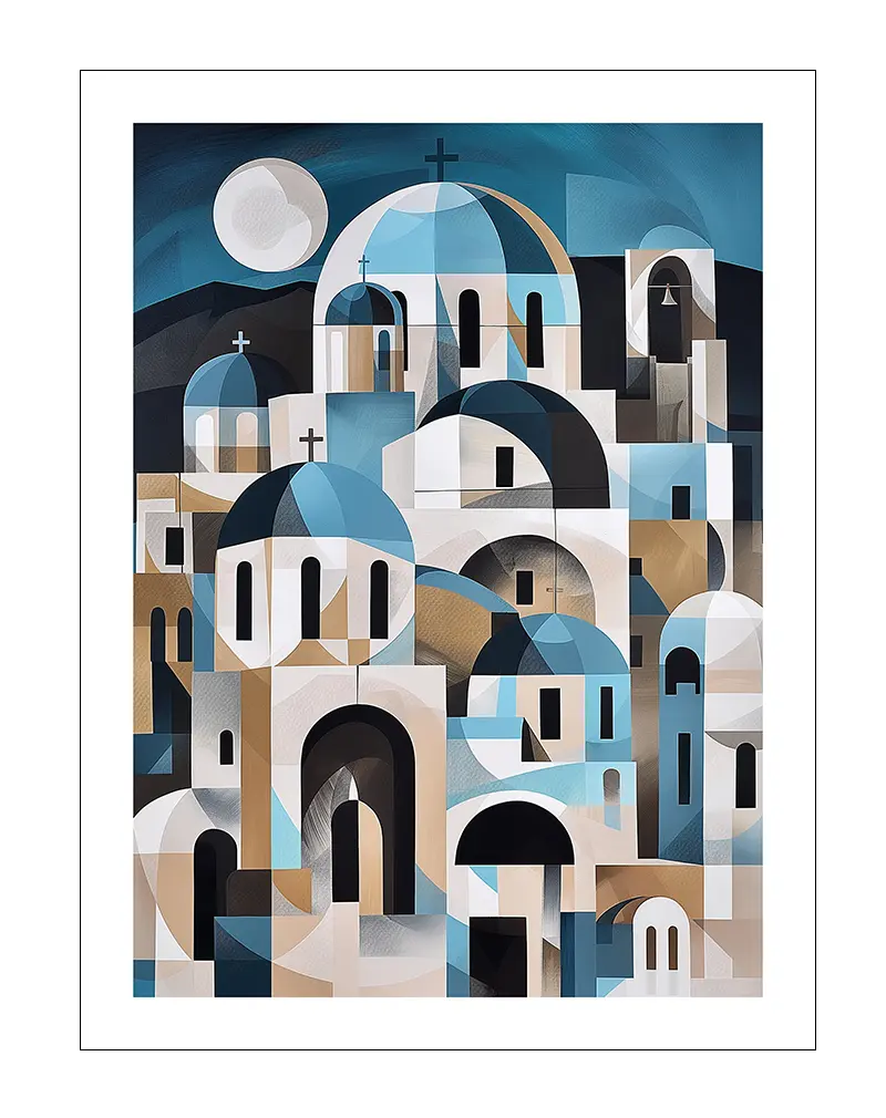 Abstract cityscape featuring blue domes and arches in a geometric style, inspired by Mediterranean architecture, ideal for modern home decor