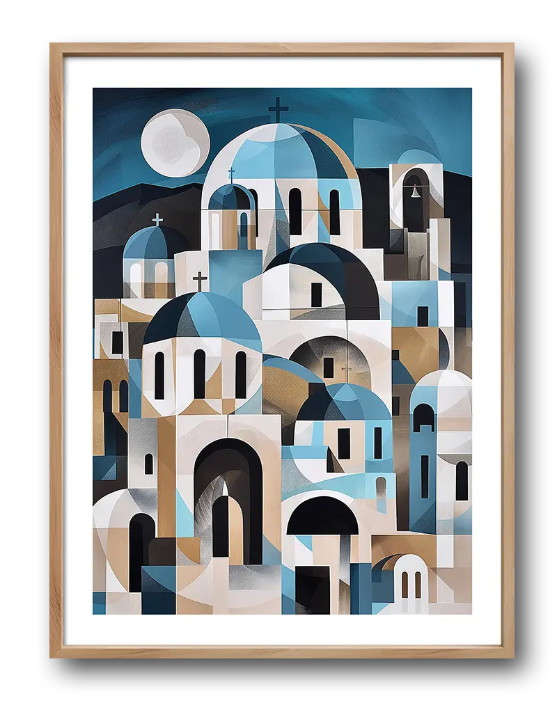 Abstract cityscape featuring blue domes and arches in a geometric style, inspired by Mediterranean architecture, ideal for modern home decor