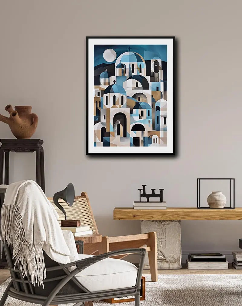 Abstract cityscape featuring blue domes and arches in a geometric style, inspired by Mediterranean architecture, ideal for modern home decor