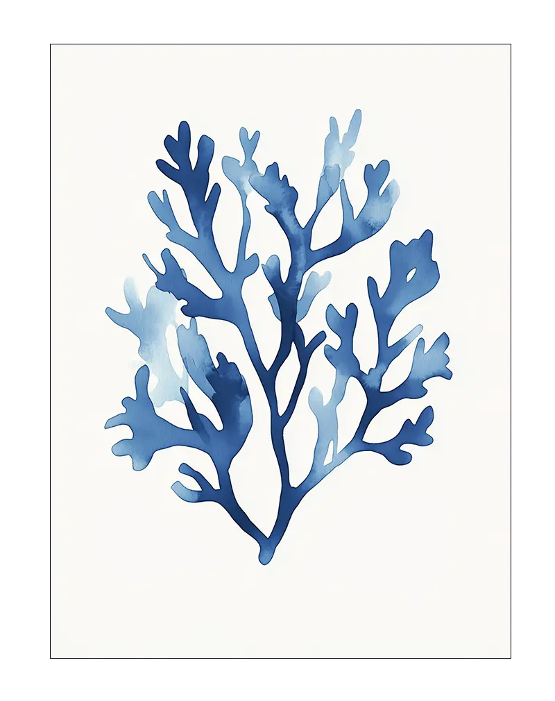 Watercolor illustration of blue coral in a minimalist style, ideal for ocean-inspired or coastal home decor