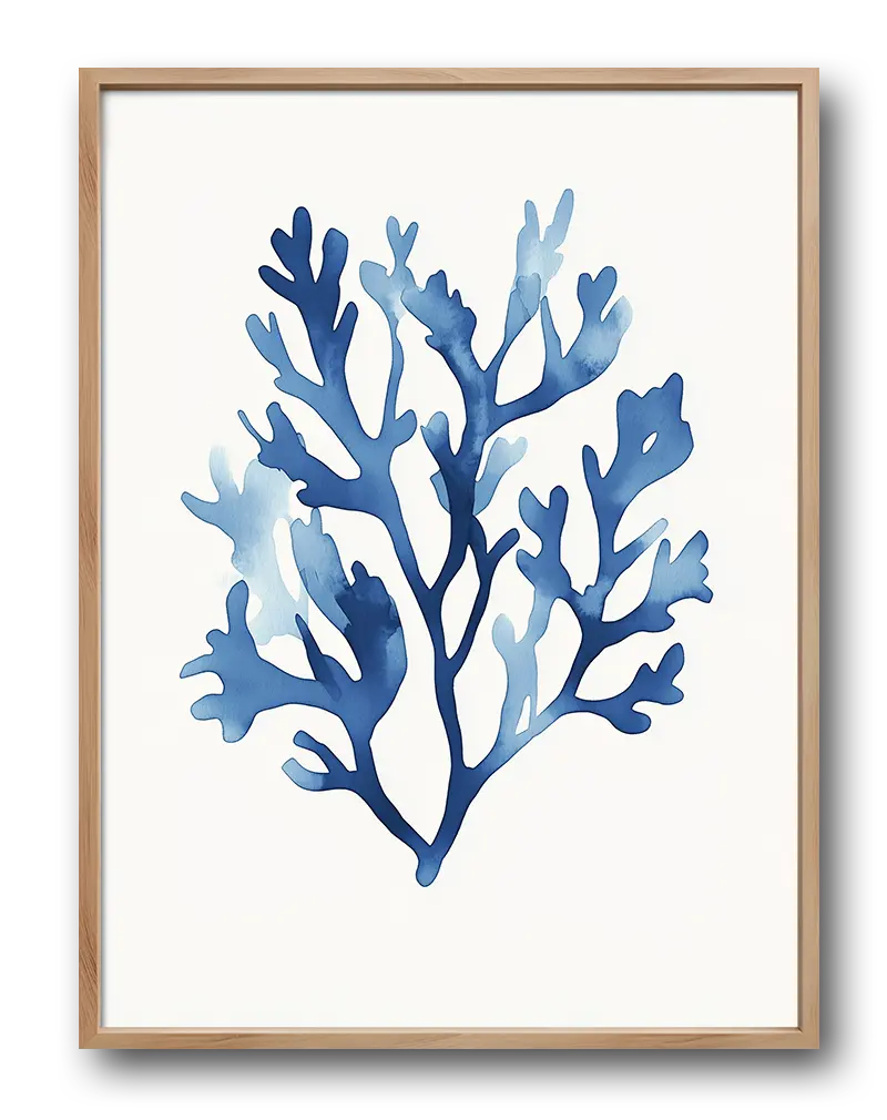 Watercolor illustration of blue coral in a minimalist style, ideal for ocean-inspired or coastal home decor