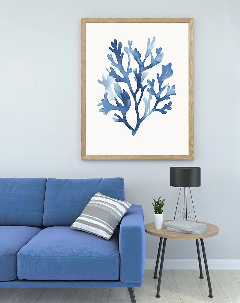 Watercolor illustration of blue coral in a minimalist style, ideal for ocean-inspired or coastal home decor