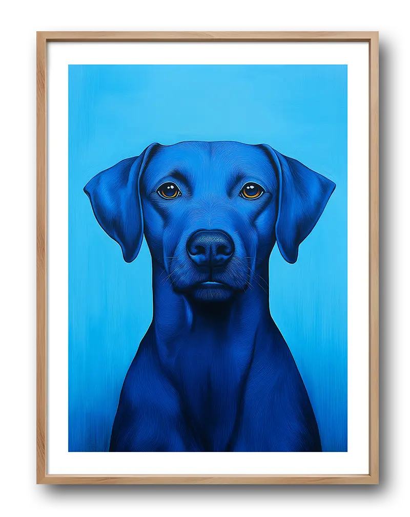 Portrait illustration of a blue dog against a bright blue background. A striking piece of wall art for dog lovers.