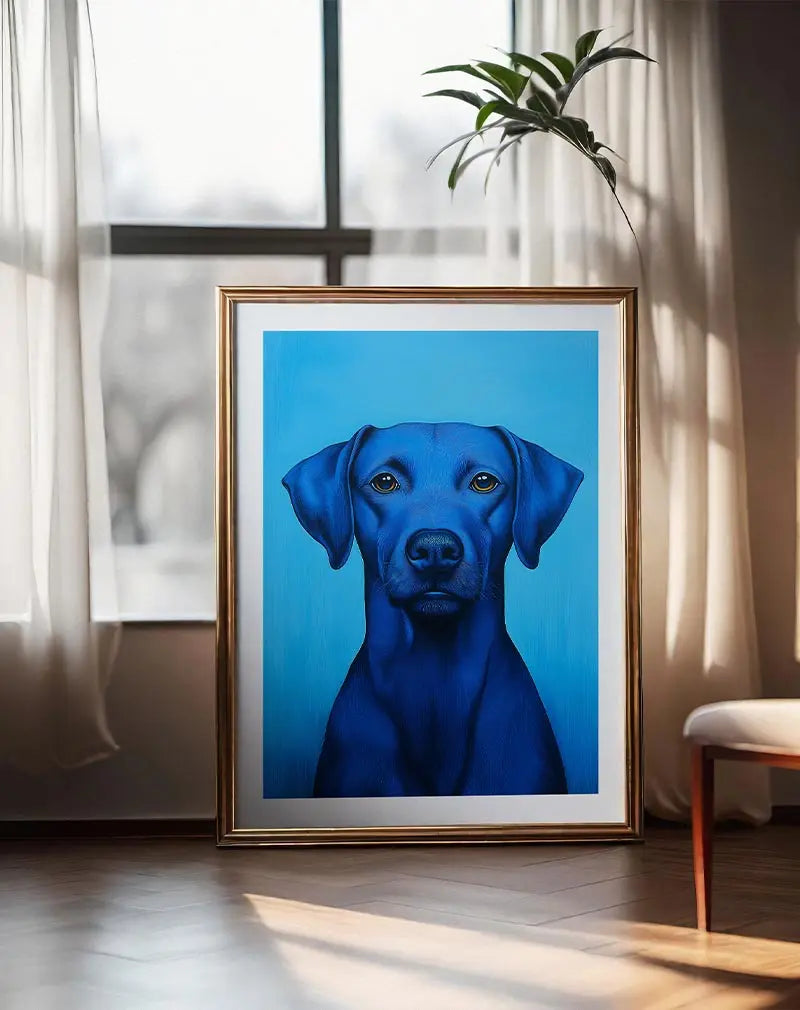 Portrait illustration of a blue dog against a bright blue background. A striking piece of wall art for dog lovers.