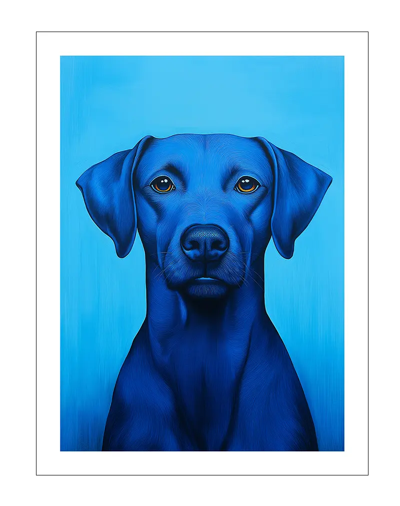 Portrait illustration of a blue dog against a bright blue background. A striking piece of wall art for dog lovers.