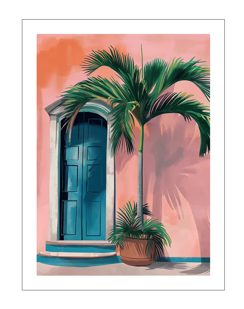 Tropical scene featuring a blue door with a potted palm against a pink wall, ideal for vibrant and coastal-inspired decor