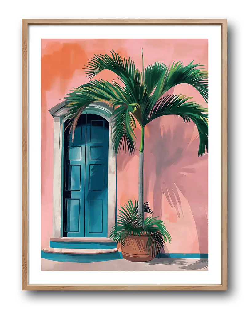 Tropical scene featuring a blue door with a potted palm against a pink wall, ideal for vibrant and coastal-inspired decor