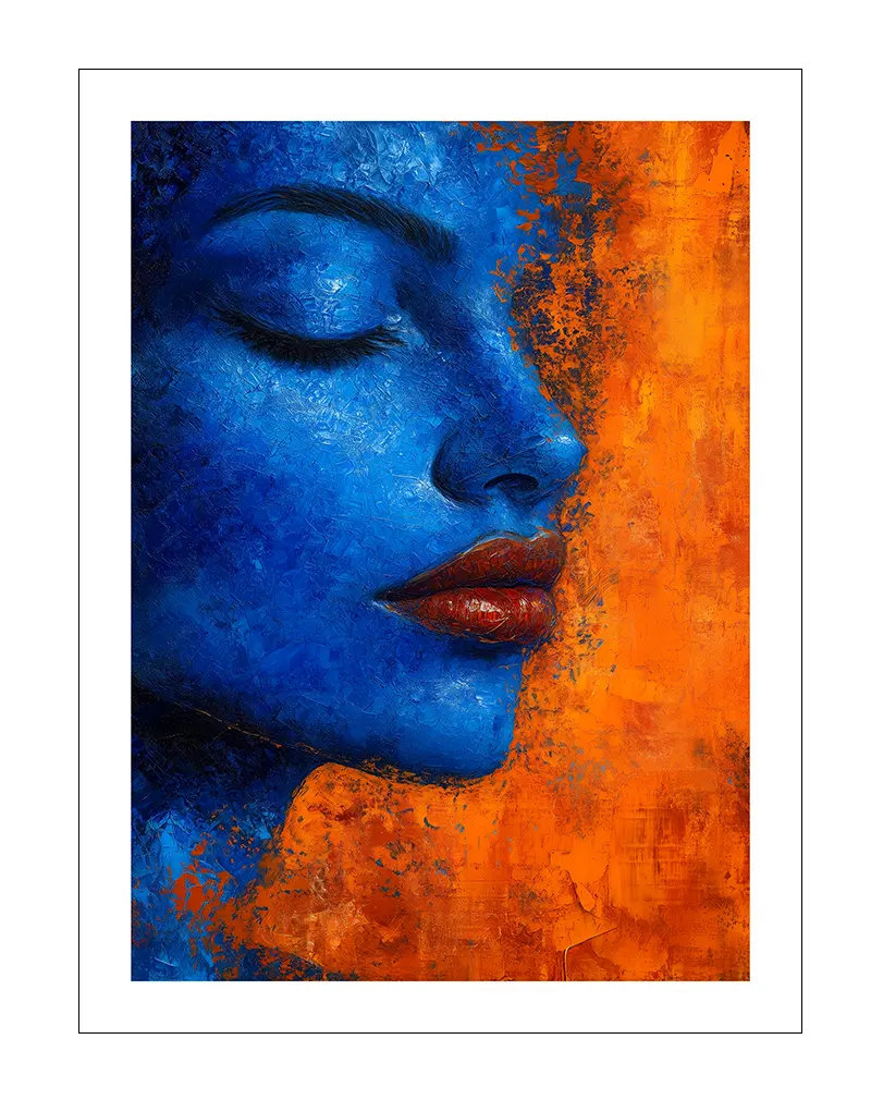 A captivating abstract portrait of a woman's face in vibrant blue tones contrasted with an orange background. Perfect wall art for adding a bold and artistic touch to any modern space