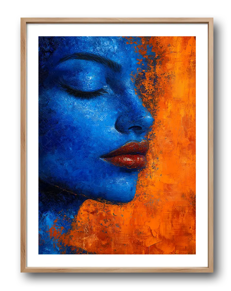 A captivating abstract portrait of a woman's face in vibrant blue tones contrasted with an orange background. Perfect wall art for adding a bold and artistic touch to any modern space