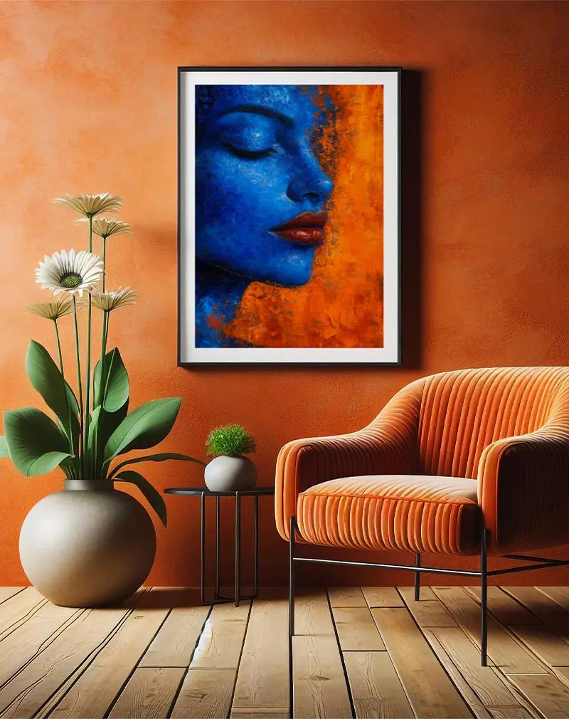 A captivating abstract portrait of a woman's face in vibrant blue tones contrasted with an orange background. Perfect wall art for adding a bold and artistic touch to any modern space