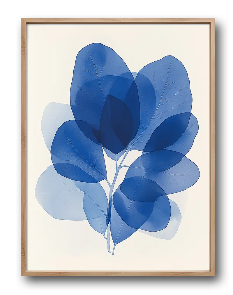 Watercolor illustration of overlapping blue leaves, perfect for minimalist and nature-inspired home decor