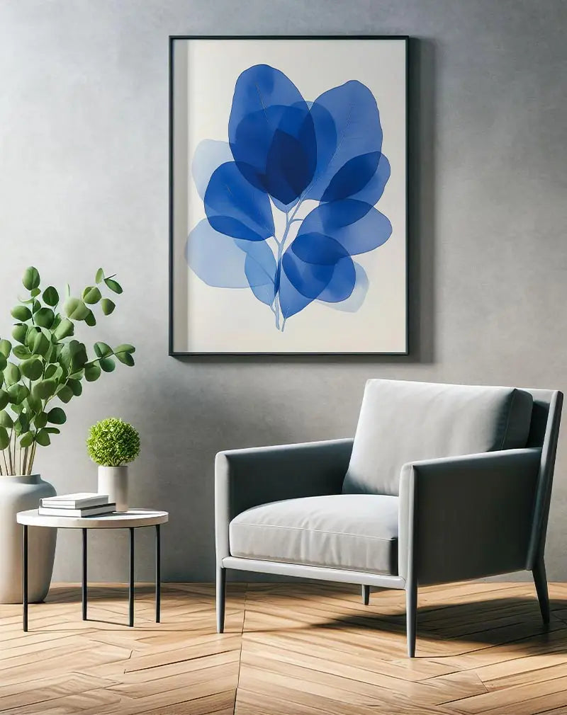 Watercolor illustration of overlapping blue leaves, perfect for minimalist and nature-inspired home decor