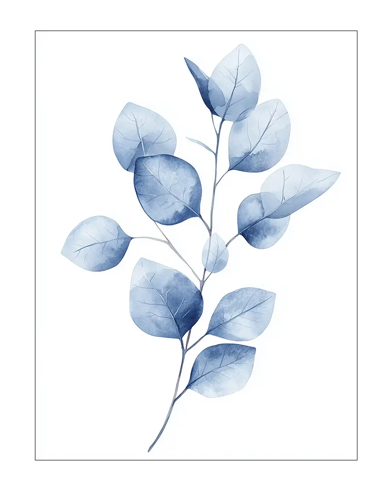 Minimalist watercolor illustration of a blue leafy branch, perfect for nature-inspired and modern home decor