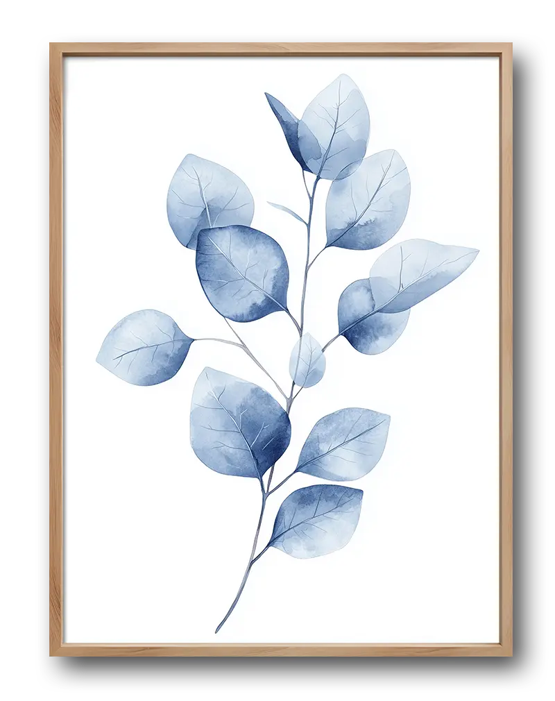 Minimalist watercolor illustration of a blue leafy branch, perfect for nature-inspired and modern home decor