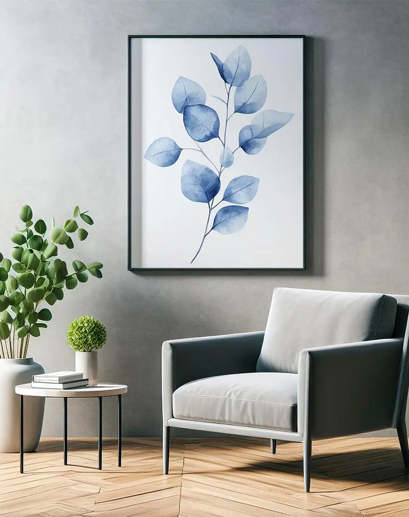 Minimalist watercolor illustration of a blue leafy branch, perfect for nature-inspired and modern home decor