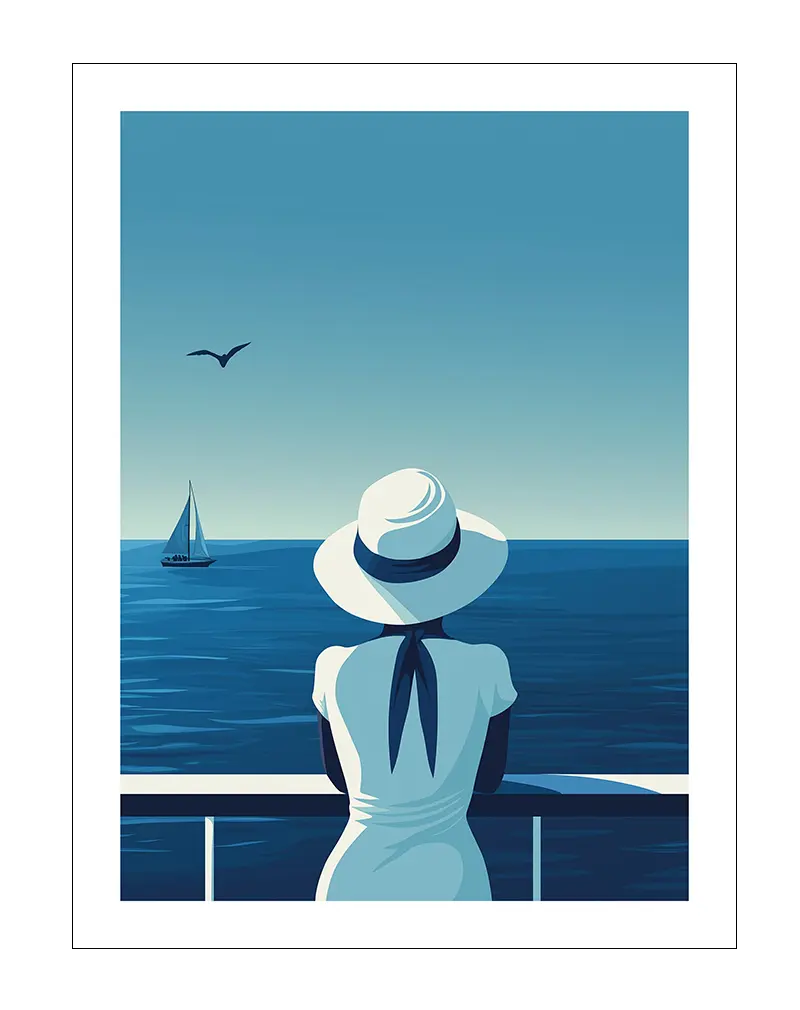 Illustration of a woman in a white dress and hat looking at the sea with a sailboat on the horizon, perfect for coastal or travel-themed decor