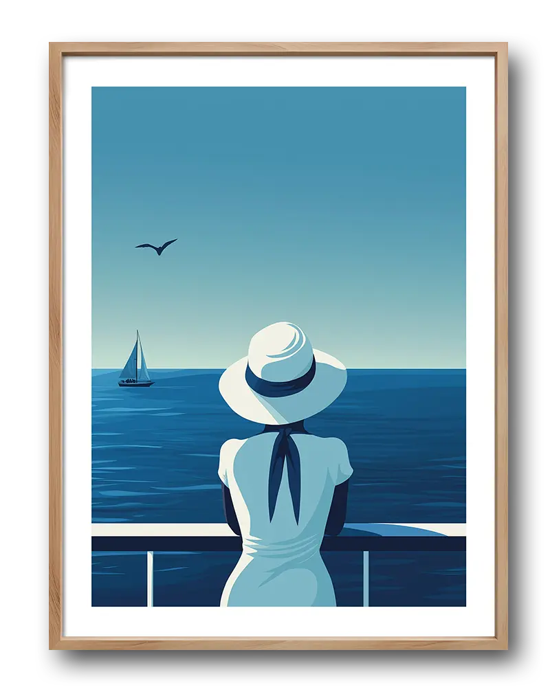 Illustration of a woman in a white dress and hat looking at the sea with a sailboat on the horizon, perfect for coastal or travel-themed decor