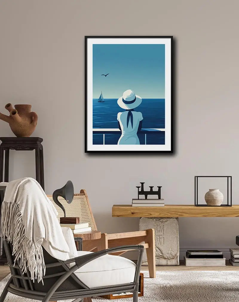 Illustration of a woman in a white dress and hat looking at the sea with a sailboat on the horizon, perfect for coastal or travel-themed decor