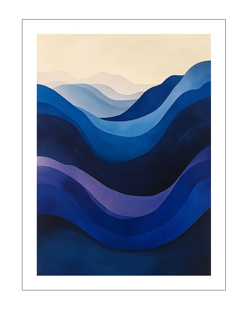 A minimalist abstract illustration of blue waves in varying shades, creating a serene and calming atmosphere.