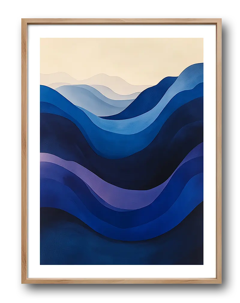 A minimalist abstract illustration of blue waves in varying shades, creating a serene and calming atmosphere.