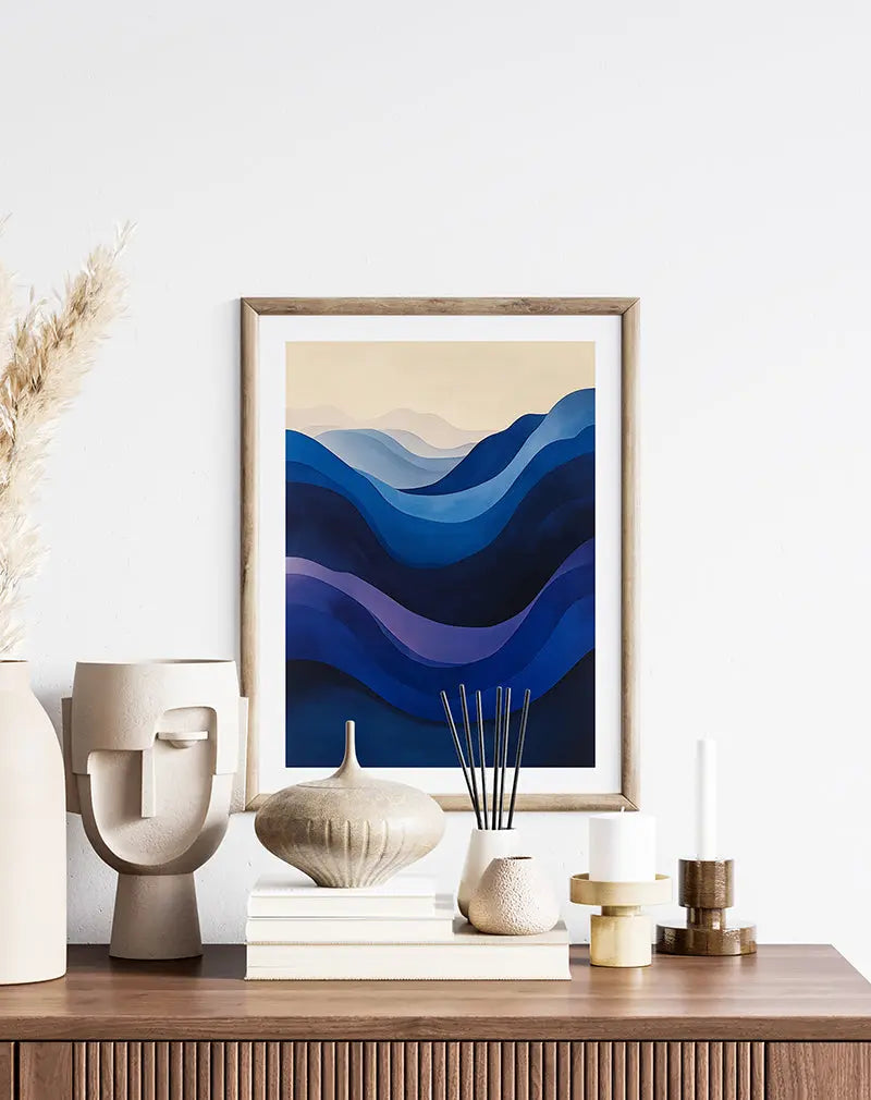 A minimalist abstract illustration of blue waves in varying shades, creating a serene and calming atmosphere.