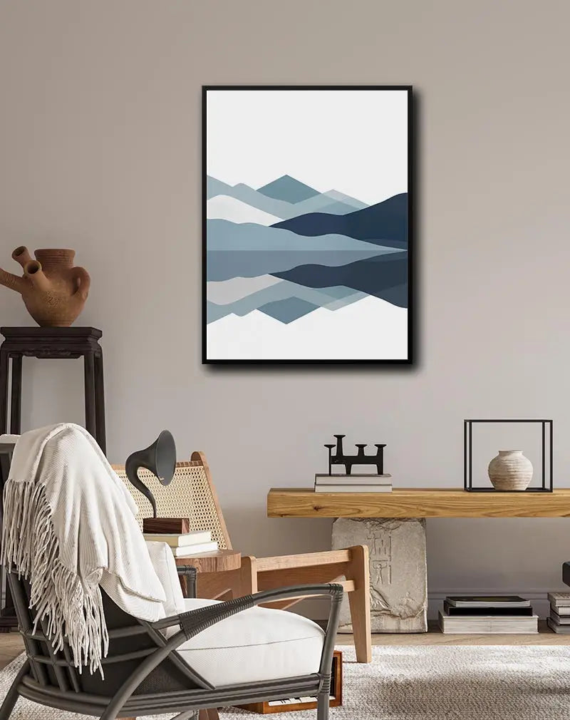 Abstract landscape of layered mountains reflected in a calm lake, featuring shades of blue, ideal for serene and nature-inspired decor