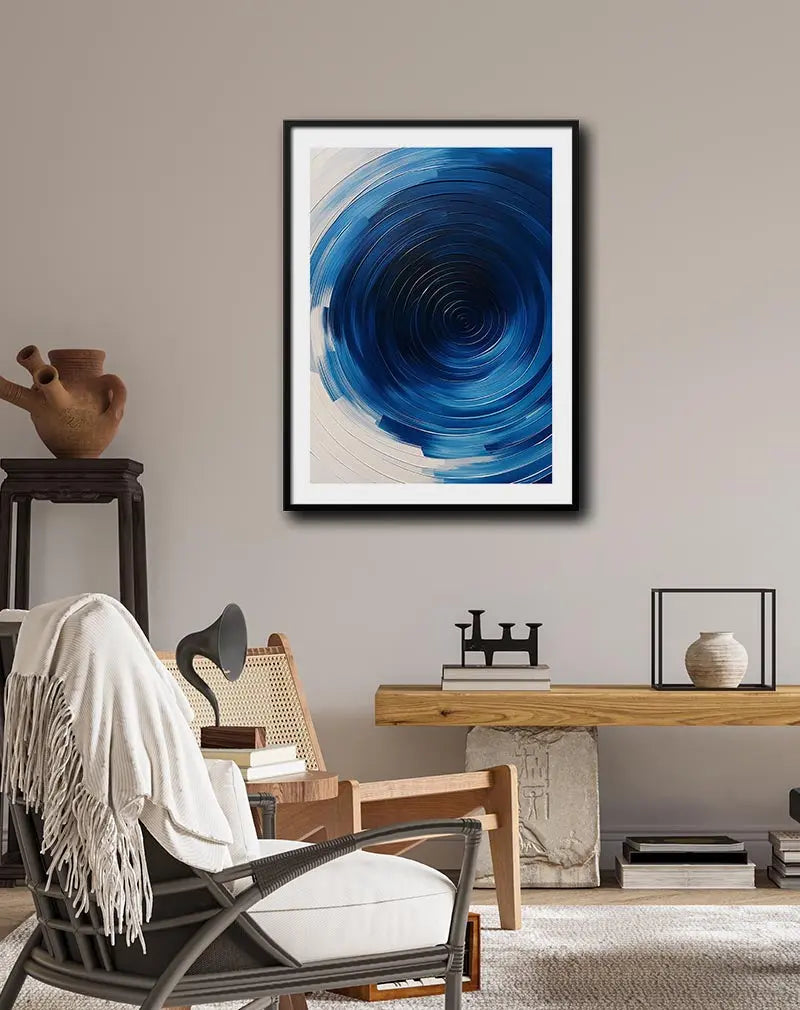 Abstract art with swirling blue vortex patterns, evoking movement and depth, perfect for modern and dynamic decor