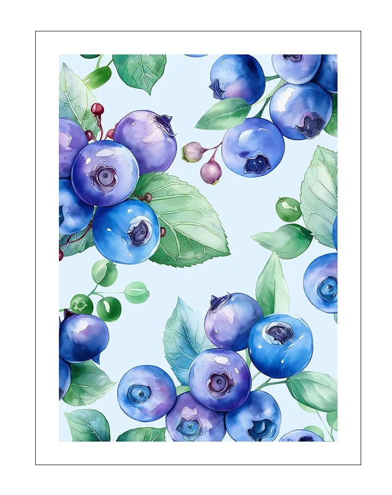 Watercolor illustration of fresh blueberries and green leaves, ideal for kitchen or dining room decor with a nature and fruit theme