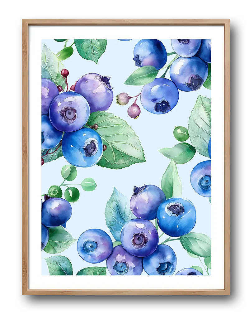 Watercolor illustration of fresh blueberries and green leaves, ideal for kitchen or dining room decor with a nature and fruit theme