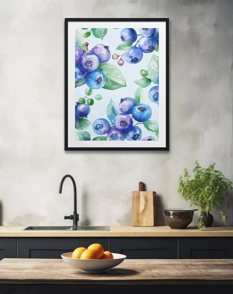 Watercolor illustration of fresh blueberries and green leaves, ideal for kitchen or dining room decor with a nature and fruit theme