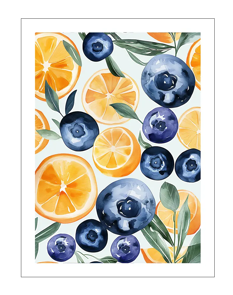 Vibrant watercolor illustration featuring blueberries and orange slices with green leaves, perfect for kitchen decor with a fresh fruit theme