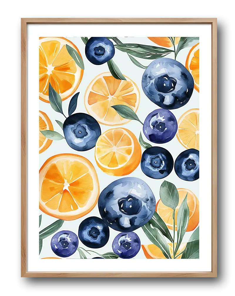 Vibrant watercolor illustration featuring blueberries and orange slices with green leaves, perfect for kitchen decor with a fresh fruit theme