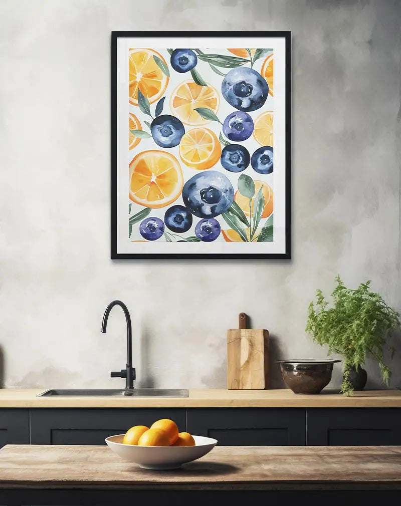 Vibrant watercolor illustration featuring blueberries and orange slices with green leaves, perfect for kitchen decor with a fresh fruit theme