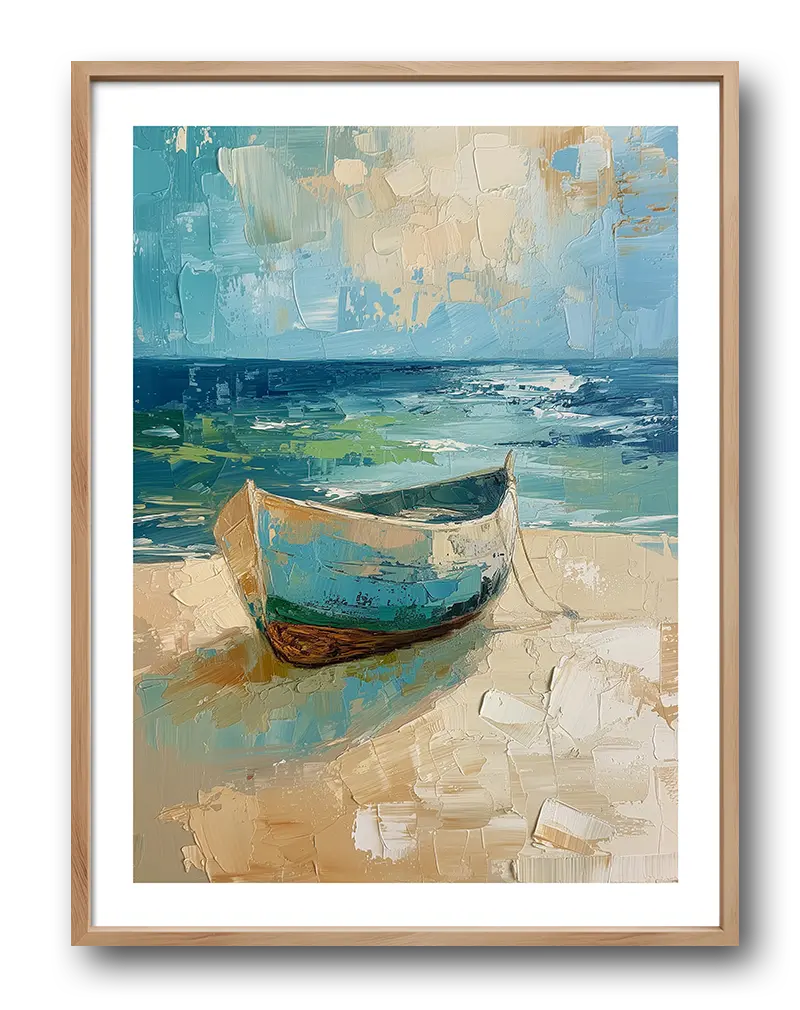 Textured painting of a boat resting on the sandy shore with a serene ocean and sky in the background, evoking a peaceful seaside atmosphere