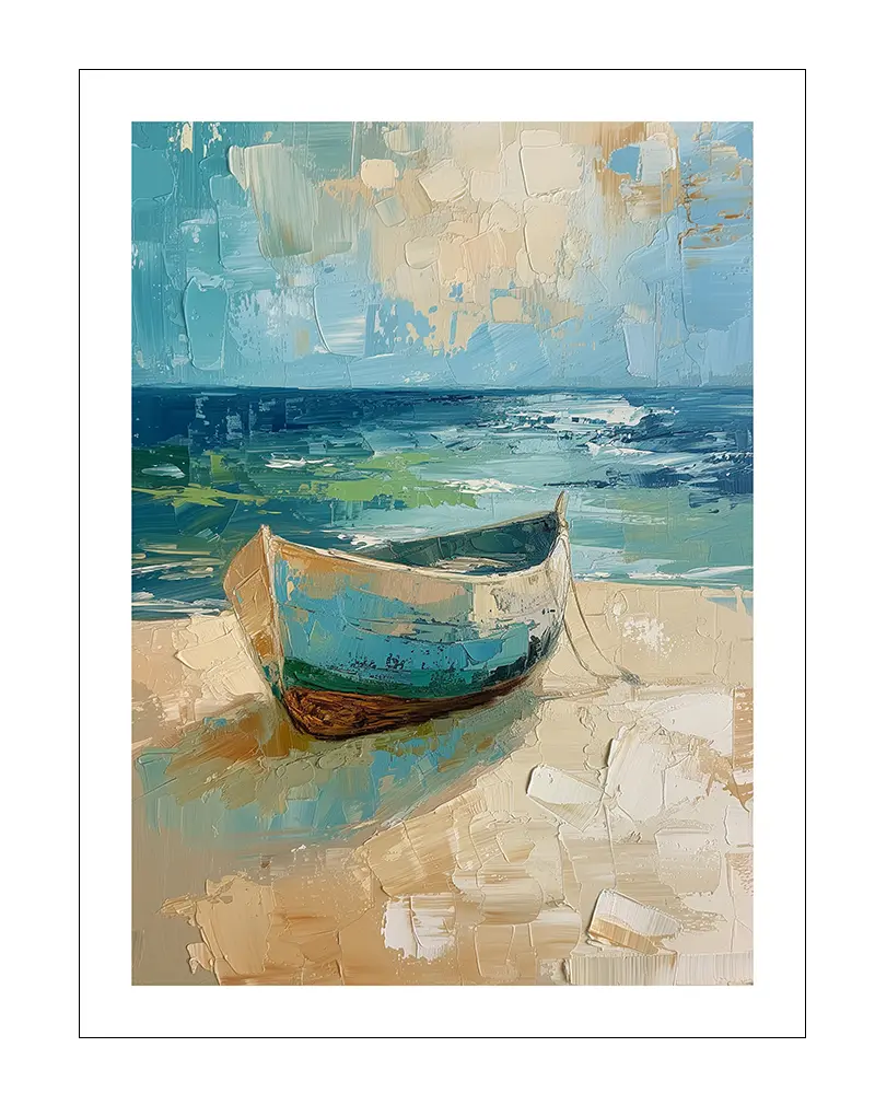 Textured painting of a boat resting on the sandy shore with a serene ocean and sky in the background, evoking a peaceful seaside atmosphere