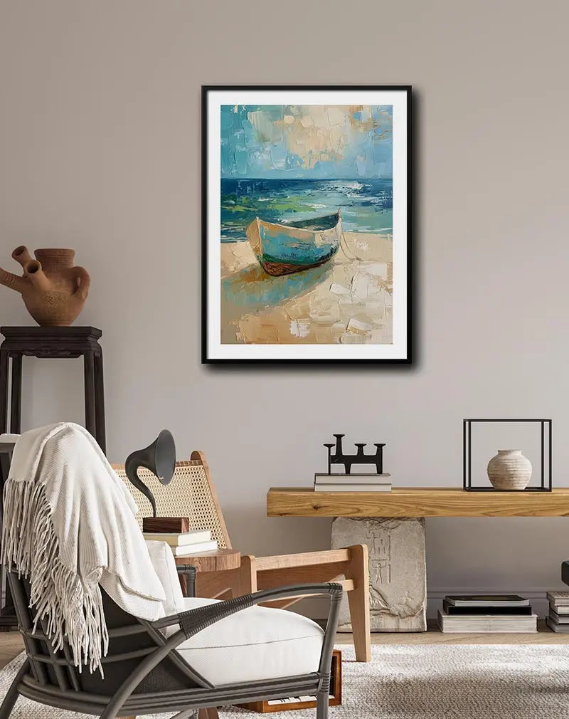 Textured painting of a boat resting on the sandy shore with a serene ocean and sky in the background, evoking a peaceful seaside atmosphere