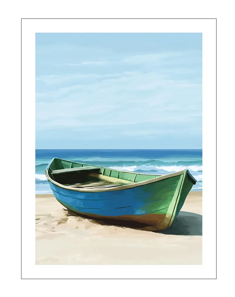 A serene beach scene featuring a blue and green boat resting on the shore with waves in the background. Perfect wall art for creating a calming, seaside atmosphere in your space