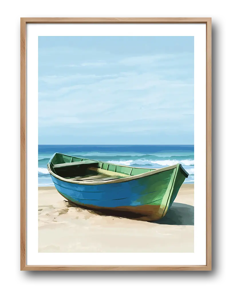 A serene beach scene featuring a blue and green boat resting on the shore with waves in the background. Perfect wall art for creating a calming, seaside atmosphere in your space