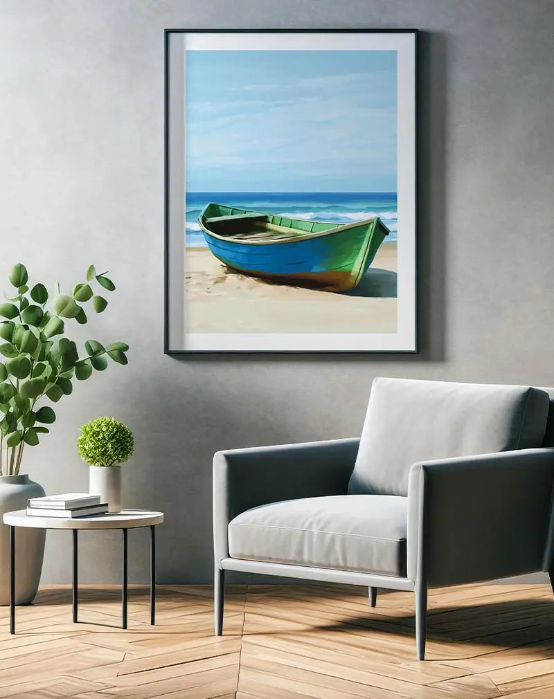 A serene beach scene featuring a blue and green boat resting on the shore with waves in the background. Perfect wall art for creating a calming, seaside atmosphere in your space