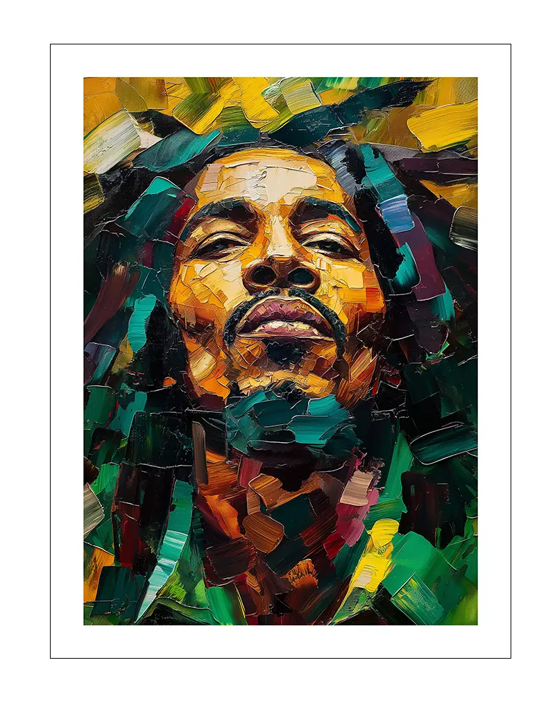 Vibrant textured painting of Bob Marley with bold brushstrokes in green, yellow, and red tones, capturing the spirit and energy of the reggae icon