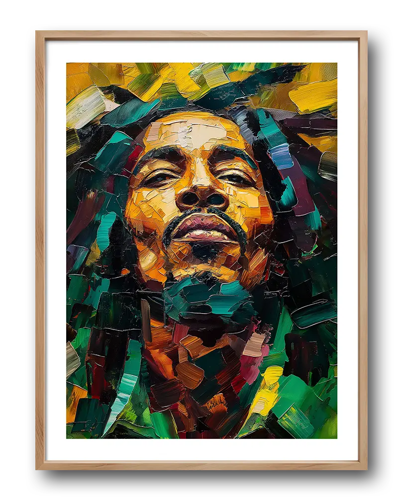 Vibrant textured painting of Bob Marley with bold brushstrokes in green, yellow, and red tones, capturing the spirit and energy of the reggae icon