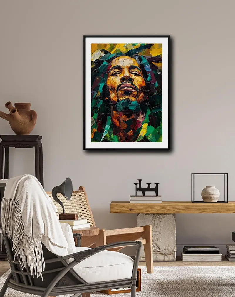 Vibrant textured painting of Bob Marley with bold brushstrokes in green, yellow, and red tones, capturing the spirit and energy of the reggae icon