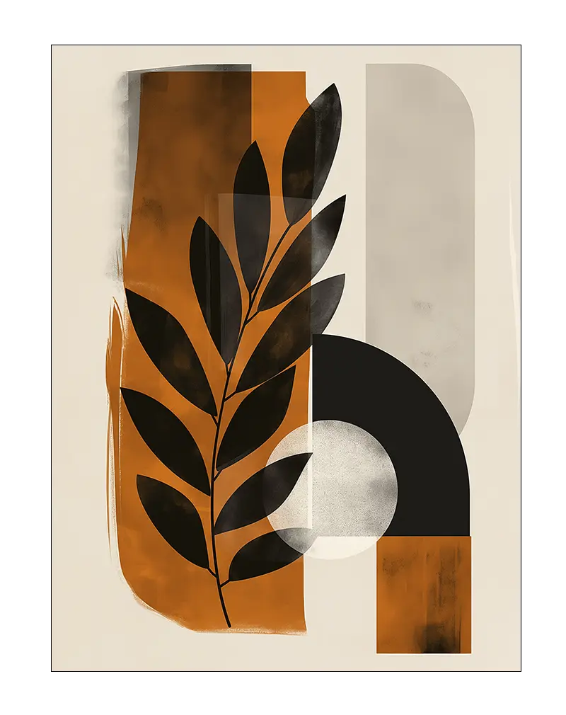 Abstract botanical design with geometric shapes in earthy tones of orange and black, featuring a stylized leaf motif